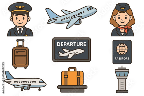 Air travel icon set. Aviation collection. Pilot, flight attendant, airplane, luggage, airport elements. Departure and vacation concept. Tourism flight. Passport control. Vector.