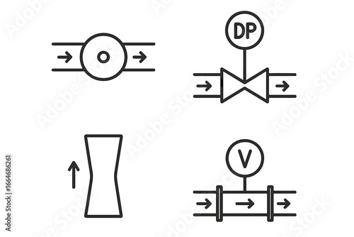 Flow measurement outline icons set. Fluid dynamics instrumentation symbols for P&ID. Vector linear icons for process control, including orifice plate and venturi meter.