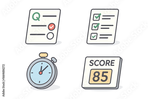 Quiz game icon set. Test exam concept. Multiple choice question. Checklist survey. Timer countdown. Final score result. Education learning graphic. Online trivia vector set.