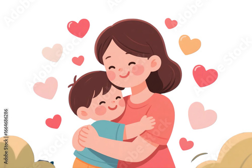 Mother hugging her child with warm natural lighting.