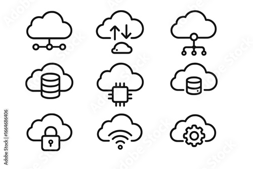 Cloud computing outline icon set. Network, storage, and technology symbols. Data server, database, security, and hosting concepts. Vector line art pictogram collection.