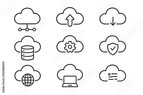 Cloud computing outline icon set. Network storage and technology symbols. Vector collection for web, app, hosting service. Data backup, upload, download, and security signs.