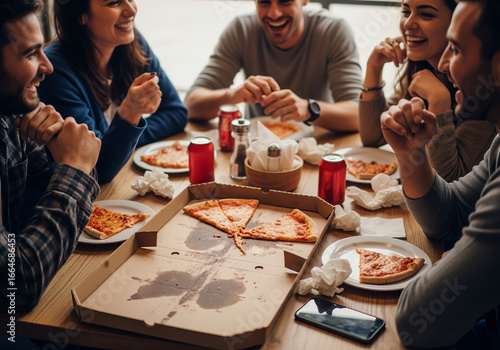 Friends Enjoying Pizza Together at a Casual Dining Table