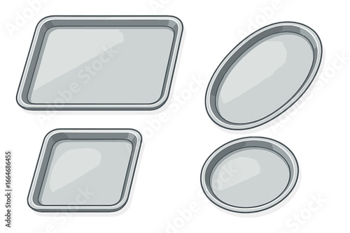 Set of metallic trays for serving food. Empty steel platters for kitchen, restaurant, and catering. Shiny silver dishware collection. Vector illustration isolated on white.