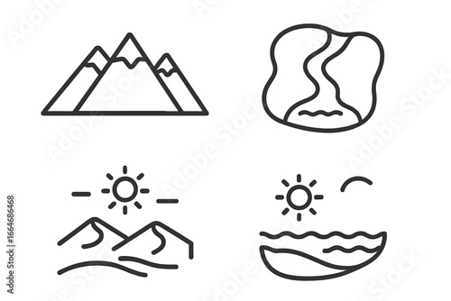 Geographic icon set. Outline icons of natural landscapes. Mountain range, river delta, desert dunes, coastal beach. Simple vector linear symbols for travel and geography.