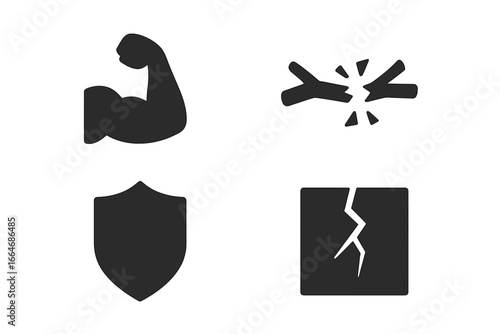 Strength and fragility vector icon set. Solid glyphs illustrating contrast concepts like power, weakness, durability, and damage. Includes muscle arm, broken twig, shield, cracked wall.