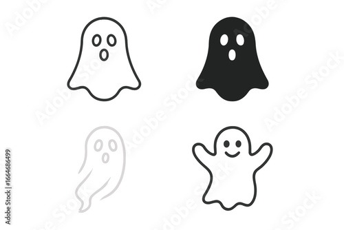 Ghostly and supernatural icon set. Spooky and cute ghost characters. Linear, silhouette and ethereal symbols for halloween. Vector spirit phantom monster illustration.
