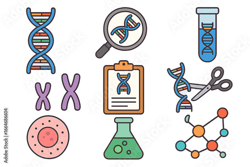 Science icons for genetic research. DNA analysis, gene editing, chromosome structure, molecular biology concepts. Biotechnology and laboratory vector cartoon illustration set.