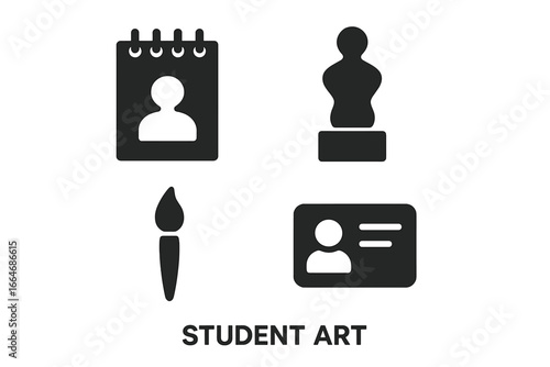 Student art education icon set. Solid glyphs for creative school subjects, painting, drawing, sculpture. Vector symbols for art exhibition, workshop, portfolio, and ID card.