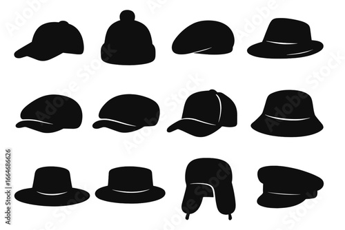 Headwear silhouette icon set. Vector collection of various hats and caps. Includes baseball cap, beanie, fedora, bucket hat, ushanka, and flat cap. Isolated fashion style elements.