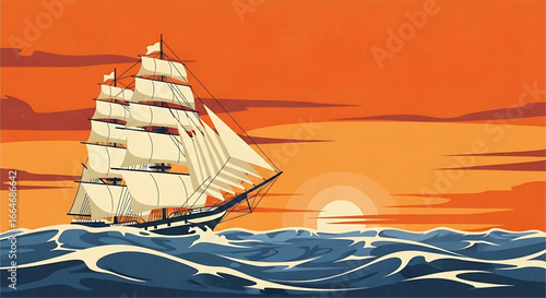 Vintage maritime voyage illustration featuring a majestic tall ship sailing gracefully into a warm, sunset-kissed horizon evoking a sense of adventure and tranquility