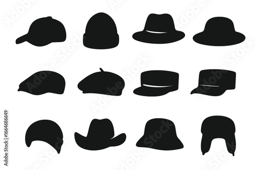 Headwear hat silhouette icon set. Collection of various caps and headgear styles like fedora, beanie, beret, and cowboy. Vector illustration for fashion and accessories.