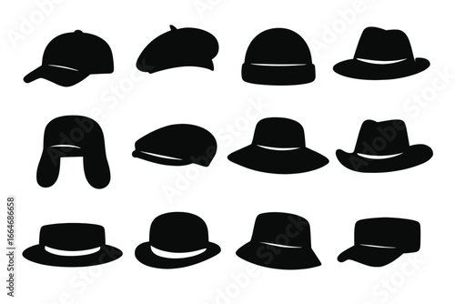 Vector headwear silhouette icon set. Collection of hats and caps like fedora, beanie, beret, ushanka, bowler and sun hat. Mens and womens fashion accessories graphic element.