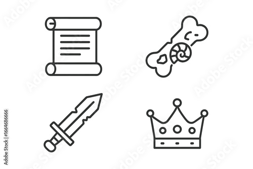 Historical artifacts and medieval fantasy icon set. Vector outline illustration of ancient scroll, fossilized bone, rusted sword, and royal crown. Archeology concept icons.