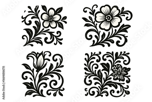 Set of four black floral ornaments. Hand-drawn vintage filigree scroll design elements. Elegant botanical flower and leaf flourish for decoration. Isolated vector illustration.