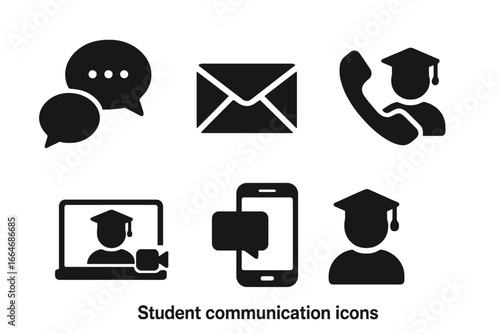 Student communication icon set. E-learning, online education concepts. Vector glyph icons for student support, email, video call, chat, phone contact, and graduation.
