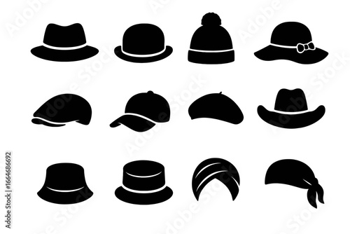 Headwear hats silhouette icon set. Stylish head accessories icons. Vector graphic collection with fedora, beanie, beret, cowboy, cap, turban, bandana, bucket hat. Fashion design elements.