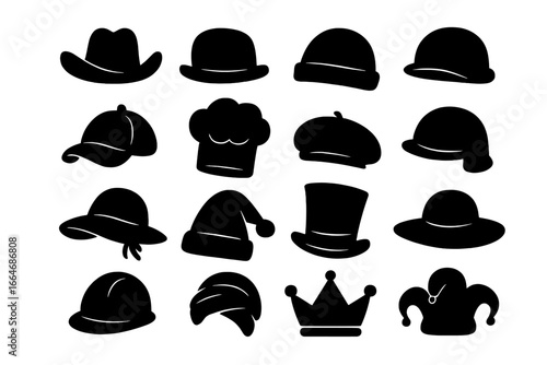 Headwear silhouette icon set. Various hats like cowboy, top hat, crown, chef, jester, santa, and baseball cap. Vector collection of classic headpieces for design elements.
