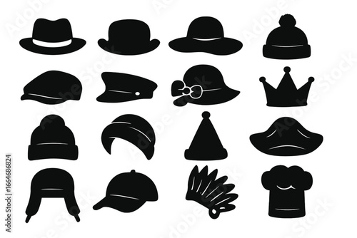 Headwear silhouette icon set. Vector collection of various hats and caps. Includes fedora, beanie, crown, chef hat, cap. Fashion and costume accessory graphic elements.