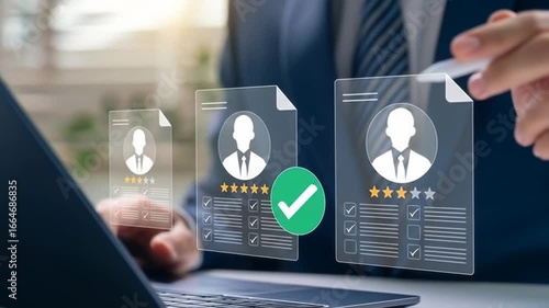 Businessperson reviewing candidate profiles on a laptop, using a digital interface to select and assess