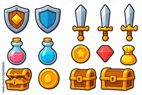 Game icons set for RPG. Cartoon vector illustration of fantasy items. Shield, sword, magic potion, treasure chest, gold coin, gem, and loot bag for a gaming interface.