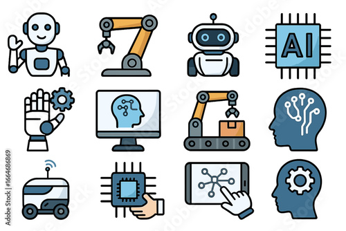 Robotics and AI technology icon set. Concepts of machine learning, automation, and artificial intelligence. Vector icons for chatbot, industry, future tech, and bionics.
