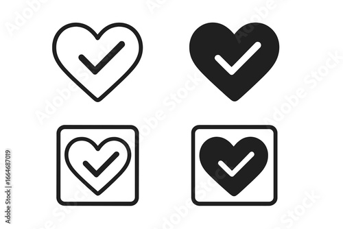 Heart with checkmark icon set. Love, like, and favorite symbol. Approved, correct, and validated sign. Health care quality check. Done, vote, and choice concept vector.