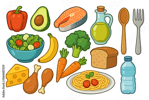 Healthy food collection. Balanced diet concept with fresh grocery items. Nutrition icon set with fish, meat, vegetable, fruit, and pasta. Meal prep vector cartoon illustration.