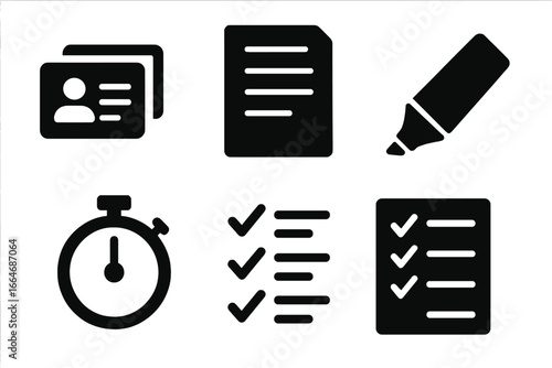 Study icon set for education and learning. Solid glyph pictogram collection features flashcards, notes, highlighter, timer, checklist. Time management and revision concept.