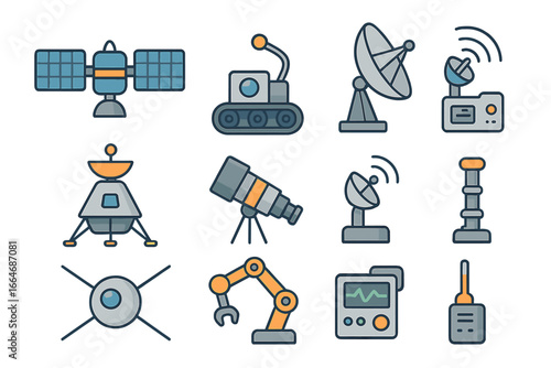 Space exploration icon set. Satellite, rover, telescope, lander and antenna. Scientific research and astronomy vector icons. Communication technology and cosmic discovery concept.