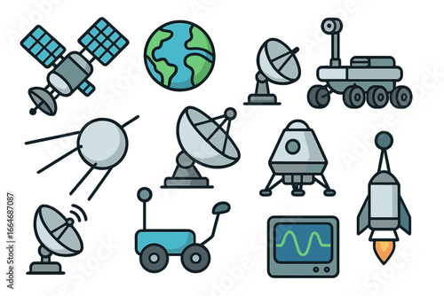 Space exploration icon set. Vector cartoon collection of scientific equipment. Satellite, rocket, planet Earth, rover, lander, and antenna dish for astronomy concepts.