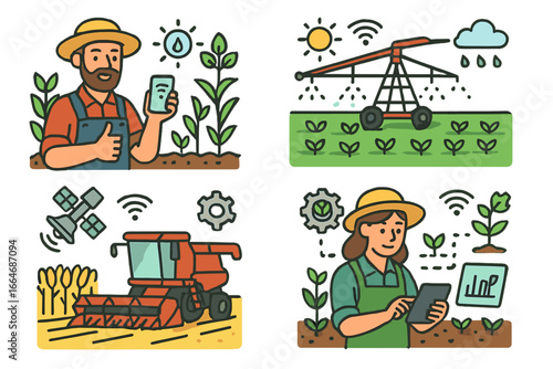 Smart farming agritech vector icon set. Farmer with phone, iot irrigation, satellite combine harvester. Precision agriculture automation for crop monitoring and efficiency.