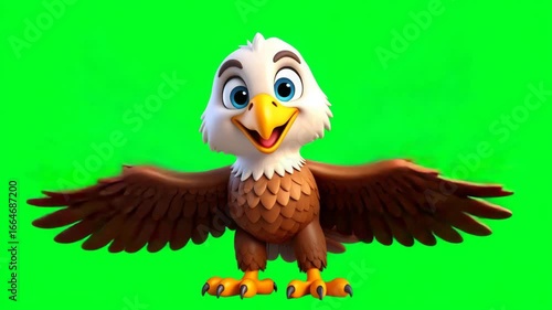 An animated cartoon eagle stands with its wings spread wide, showcasing its brown feathers and bright yellow beak against a green background.
