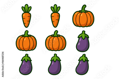 Set of cute vegetable icons. Carrot, pumpkin, eggplant collection. Vector cartoon illustration for healthy food, vegan, vegetarian concepts. Organic farm harvest graphic elements.