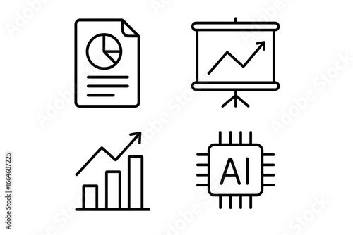 Business analytics line icon set. Data analysis, financial report, and statistics graph. AI technology for business intelligence. Presentation chart for market growth concept.