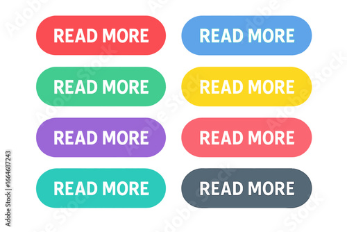 Colorful read more button collection. Flat design vector icon set for web and mobile app interface. Modern UI UX kit element. Call to action CTA graphic isolated on white.