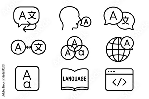 Language icons set. Vector outline pictograms of bilingualism, multilingualism, and translation. Global communication, dictionary, and language processing symbols collection.