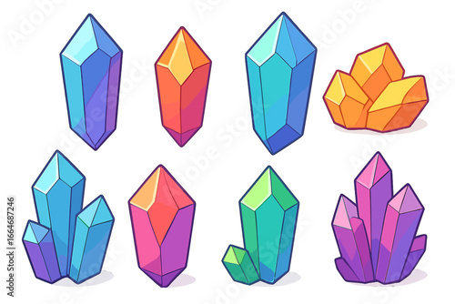 Colorful cartoon crystal and gemstone set. Vector illustration of magic shiny gems, precious minerals and jewels for game icon or treasure design. Geometric polygon asset.