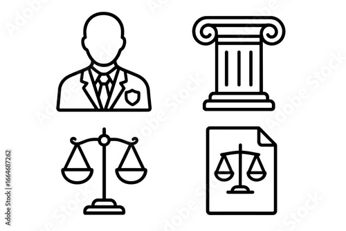 Legal and justice outline icon set. Vector symbols for law firm, attorney, and public defender. Includes courthouse column, scales of justice, and case file icons.