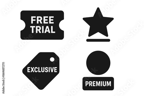 Subscription benefits solid icon set. Vector glyphs for free trial, loyalty program star, exclusive offer tag, and premium membership tier. UI, UX web design elements.