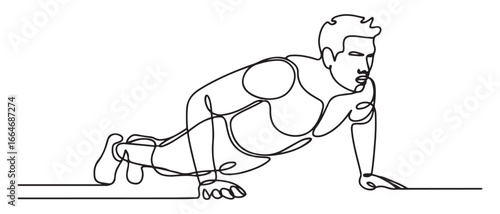 Single one line drawing Man doing push up. Fitness activity concept. Continuous line draw design graphic vector illustration. Vector black silhouette. with white background