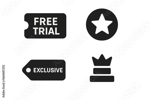 Subscription benefits solid icon set with free trial tag, loyalty star, exclusive offer label, and premium membership tier. Vector glyphs for marketing, web UI, and app design.