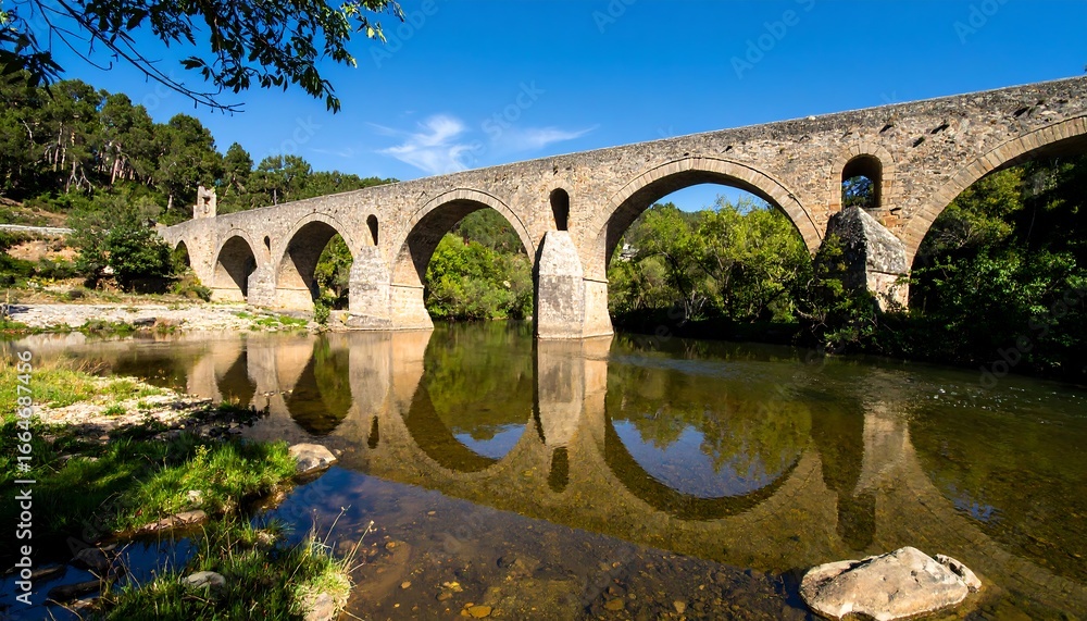 Fototapeta premium A stone arch bridge spanning a serene river, its ancient structure perfectly reflected in the tranquil water below, creating a picturesque landscape under a vibrant blue sky.