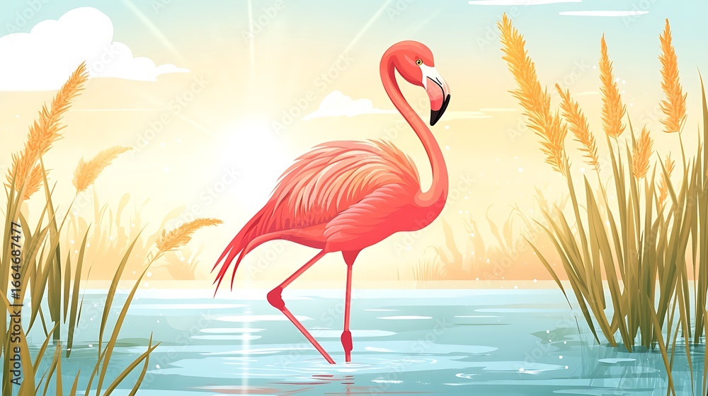 Fototapeta premium Flamingo in a tranquil marsh at sunset