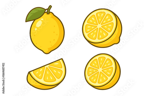 Lemon citrus fruit set. Whole lemon, sliced lemon, lemon wedge cartoon vector illustration. Fresh yellow citrus isolated collection, juicy citrus slices, healthy food clip art for stock.