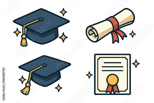 Graduation icon set with cap, diploma, and certificate. Vector illustration for academic achievement, school, university, and success. Education ceremony symbols collection.