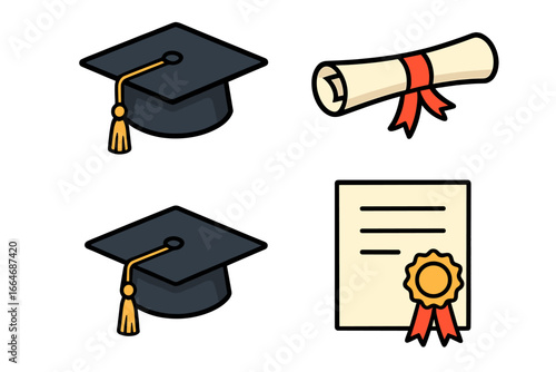 Graduation icon set with cap, diploma, and certificate. Academic achievement and success concept. Education convocation ceremony symbol. Student degree honor vector illustration.
