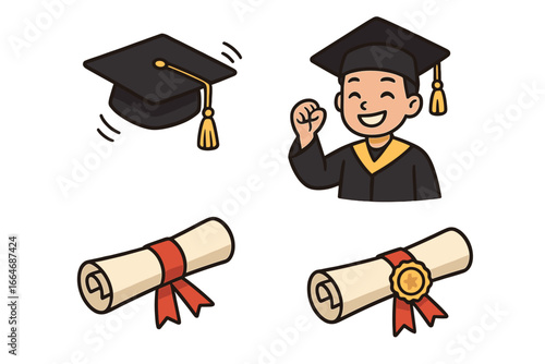 Graduation icon set. Student celebrating academic achievement. Graduate cap, gown, and diploma scroll with honor seal. University success and education vector cartoon concept.