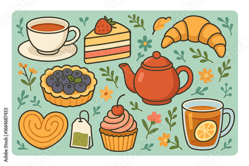 Vector set of tea time elements. Collection of cute cartoon food and drinks icons. Teapot, cup, cake, croissant, cupcake, pastry and dessert for cafe or bakery menu.