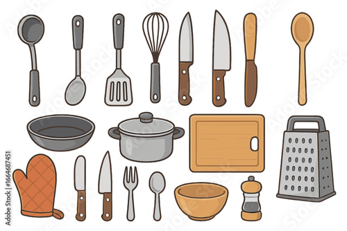 Vector collection of kitchen tools and cooking utensils. Flat lay icon set with cookware, cutlery, and kitchenware like pot, pan, knife, and whisk for food preparation.